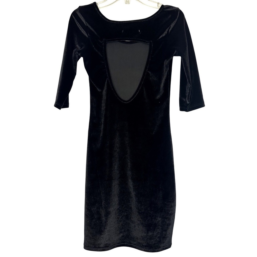 Black Velvet Bodycon Dress Open Back Mesh Panel 90s Y2K‎ Mini Small